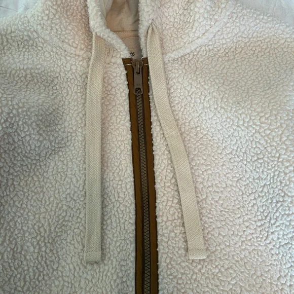 Madewell Cream Sherpa Zip Hoodie Jacket Brown Pocket Trim Cozy Teddy Fleece - Picture 6 of 8